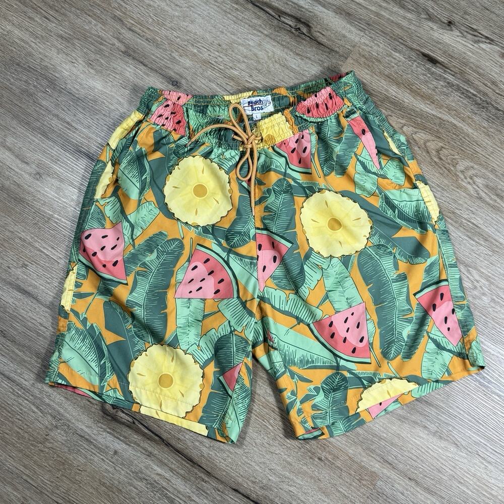 VTG Beach Bros Tropical Pineapple & Watermelon Lined Swim Trunks Size L Large